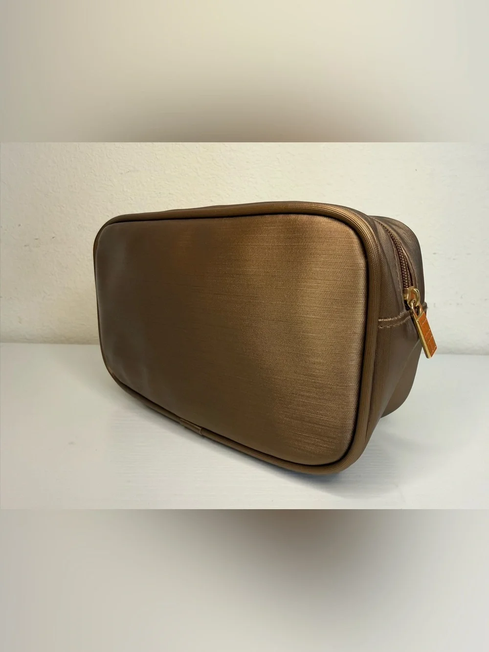 Elizabeth Arden Satin Bronze Gold Tone Zipper Cosmetic Pouch